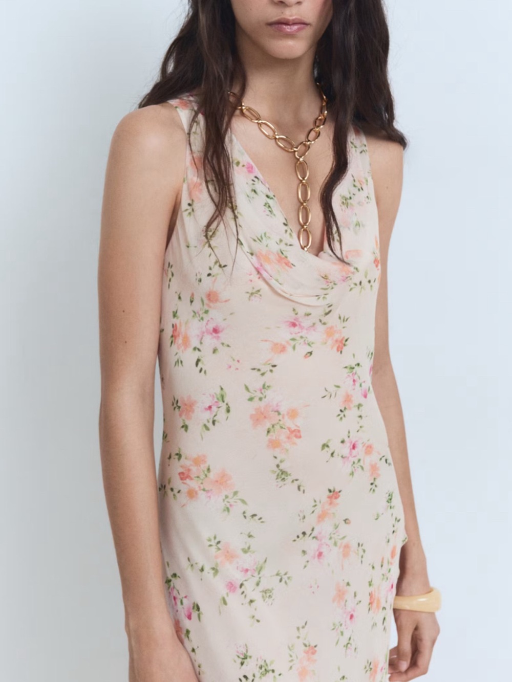 Mango Blush Floral Cowl-Neck Dress